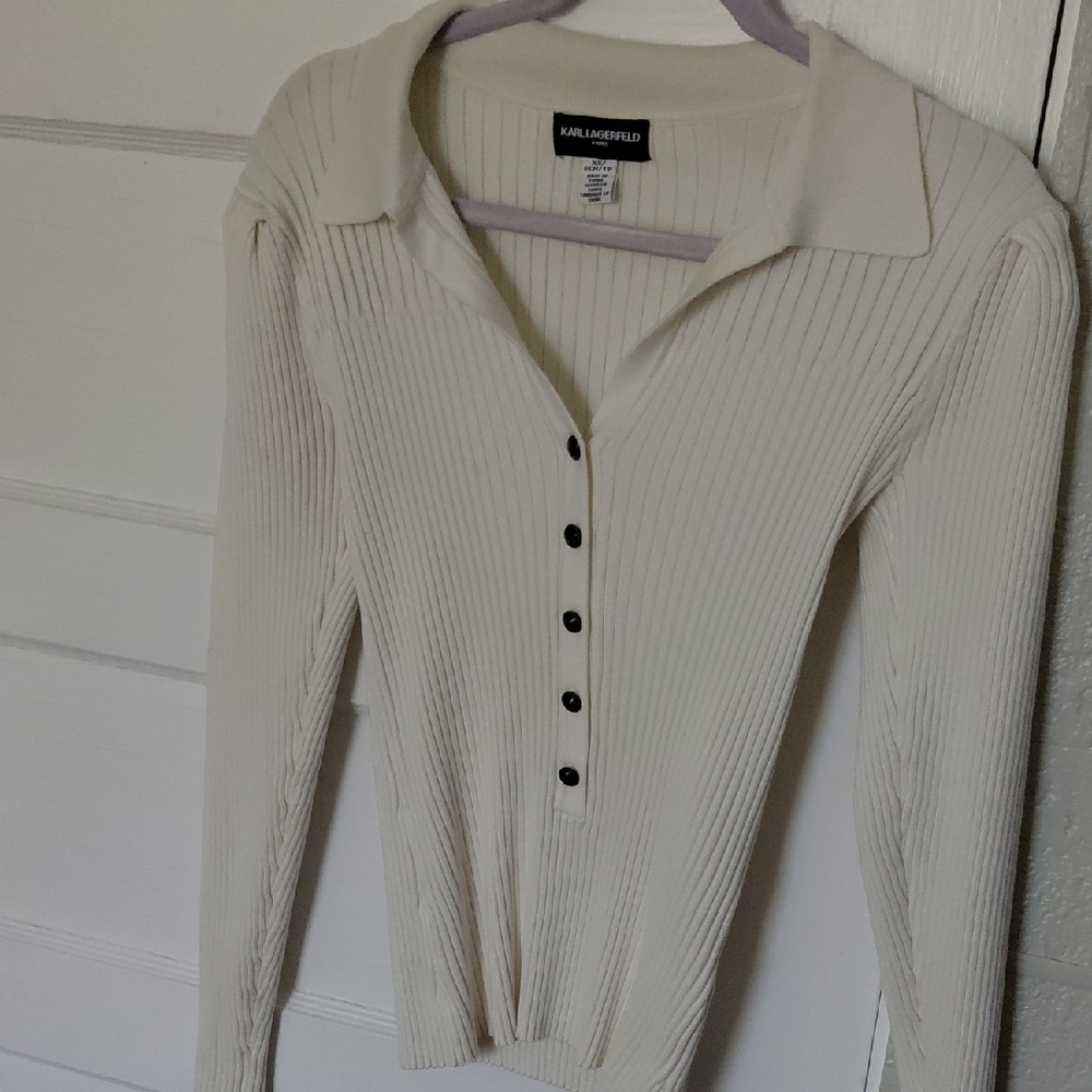 Karl Lagerfeld Ivory Ribbed Button-Down Shirt - Picture 4 of 5